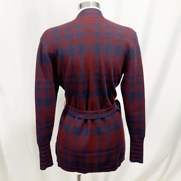 Ted Baker Maroon Red and Navy Blue Checkered Longline Belted Cardigan - Picture 6 of 15